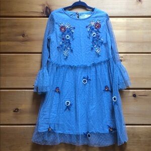 Zara Embroidered mesh blue bell sleeve dress 6 small